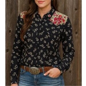Vintage Women's XL Black Pink Shirt Top Country Western Floral Long Sleeve